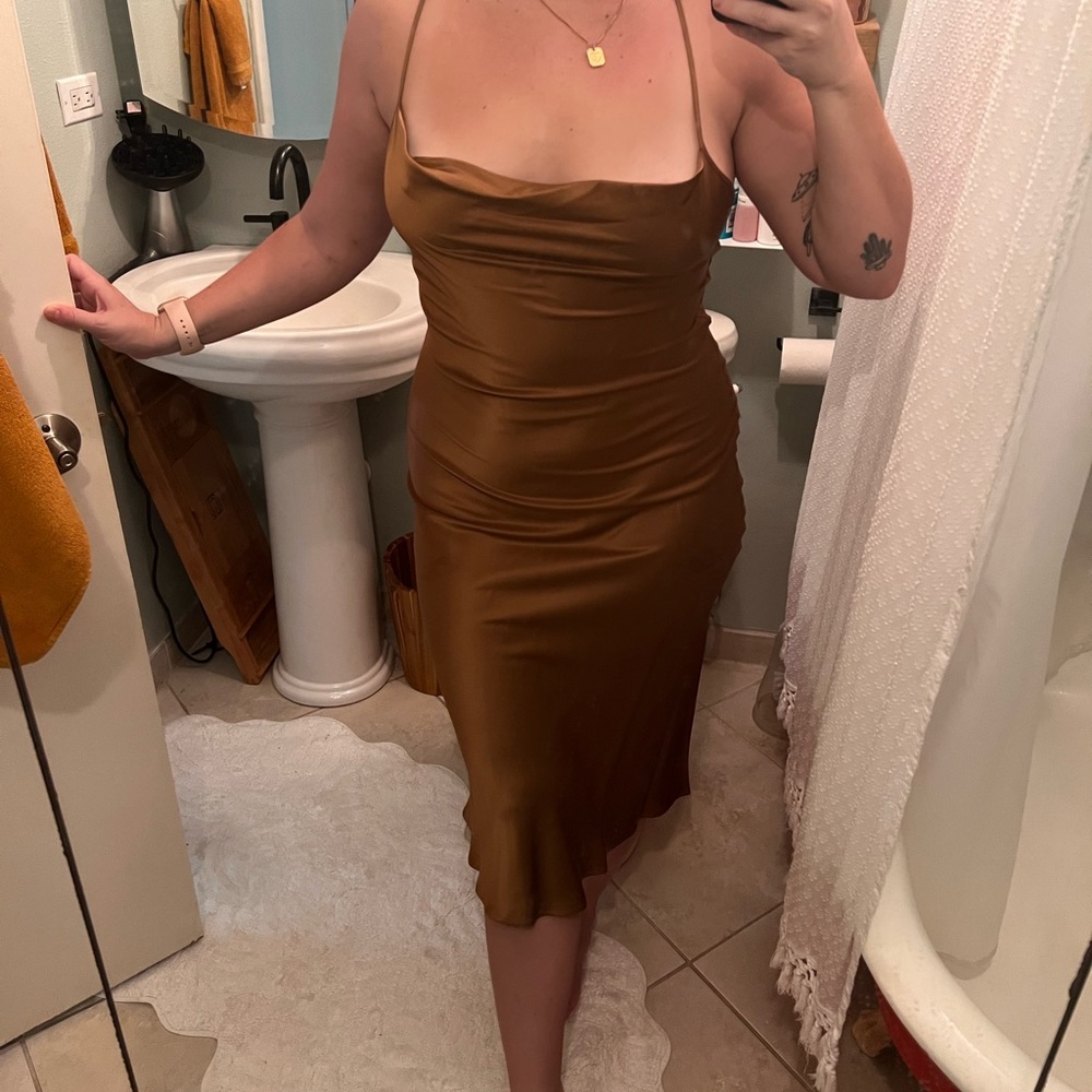 Cowl Neck Midi Silk Slip Dress - Copper, XL.